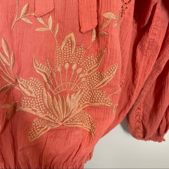 Free People Terra Cotta Maria Maria Top Ribbon Tie Gathered Waist Embroidery M - Picture 8 of 15